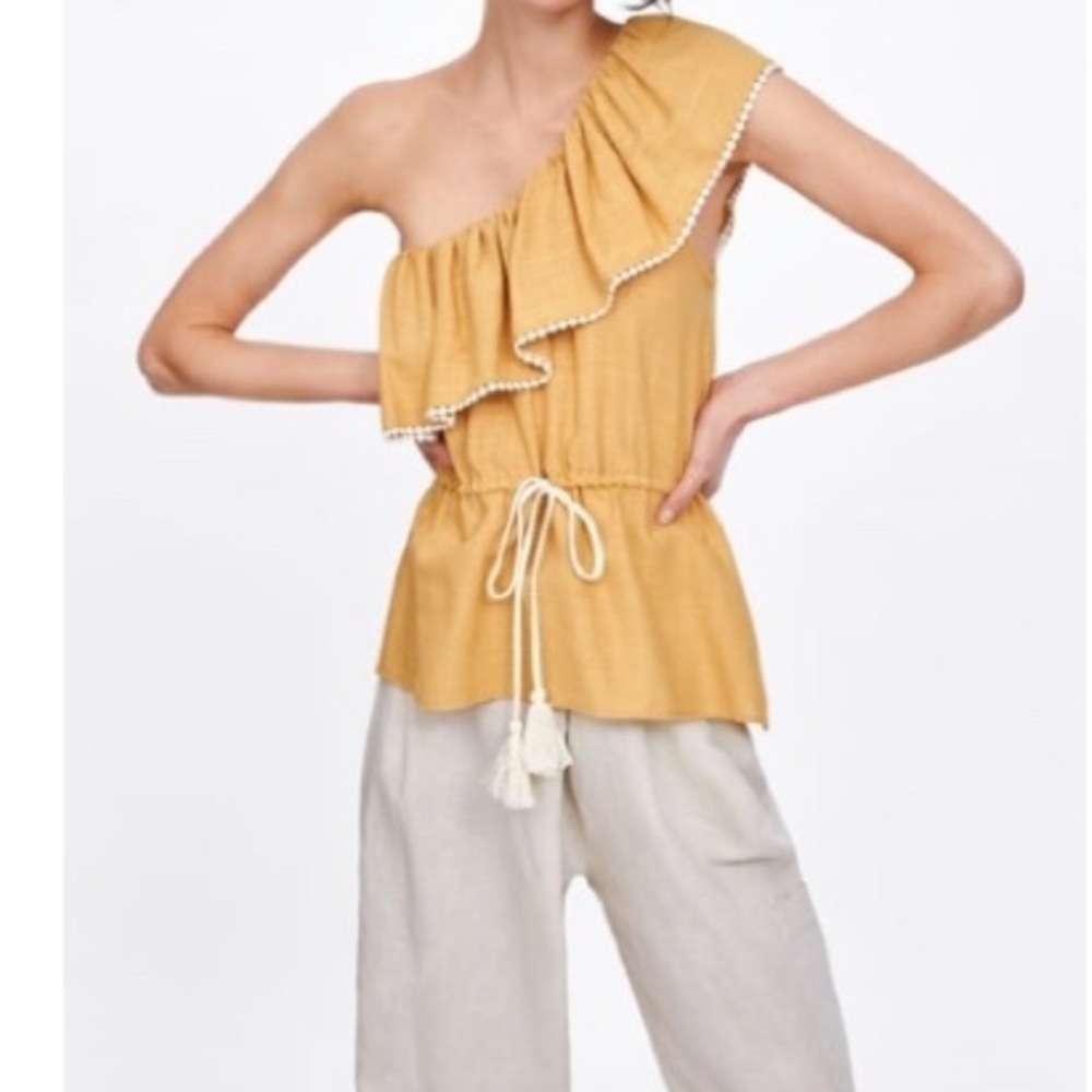 Zara yellow one shoulder linen top